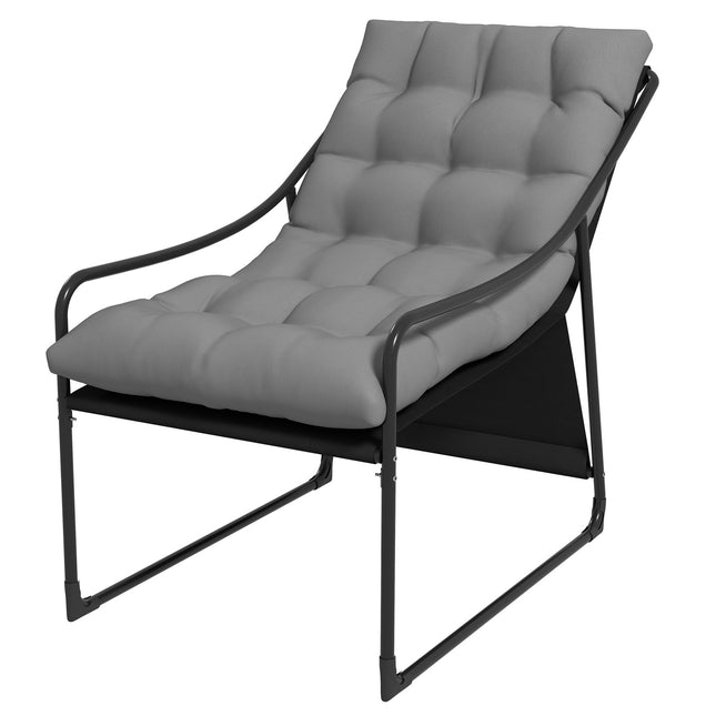 Gray garden lounge chair with cushion, armrests, 120 kg capacity