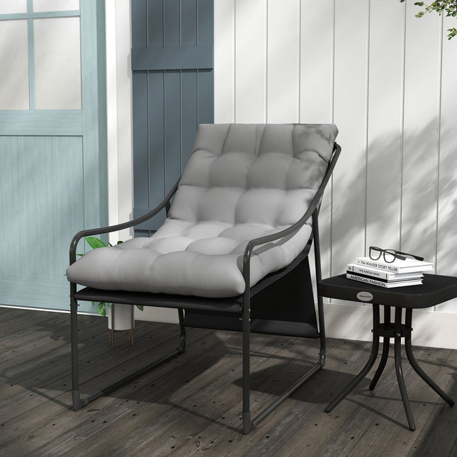 Gray garden lounge chair with cushion, armrests, 120 kg capacity