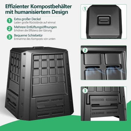 Garden Compost Bin 380L – Black, Durable PP with Lid