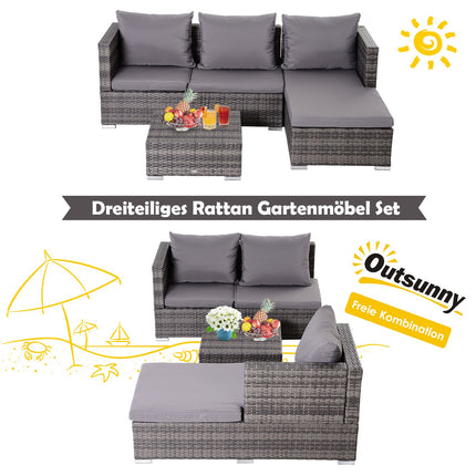 3-piece gray rattan sofa set with side table and storage