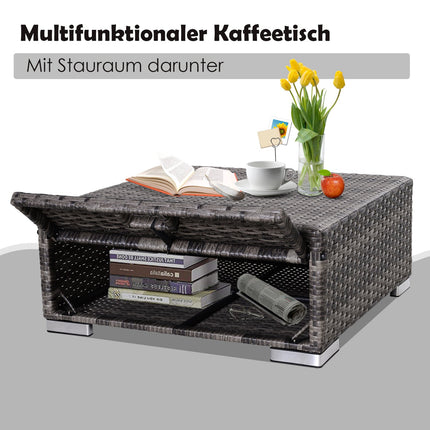 3-piece gray rattan sofa set with side table and storage