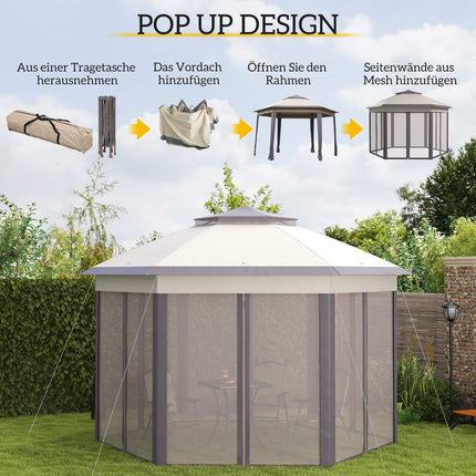 Hexagonal Garden Gazebo 4x4m with 6 side panels, pop-up tent