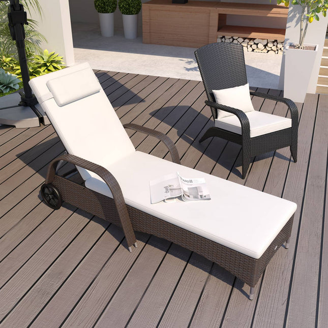 Coffee brown rattan garden chair with cushions and wheels