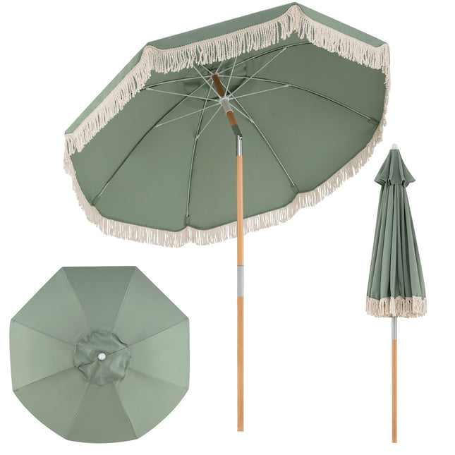 Garden Parasol 270cm, Wooden Pole, Tilt, Fringe, Green