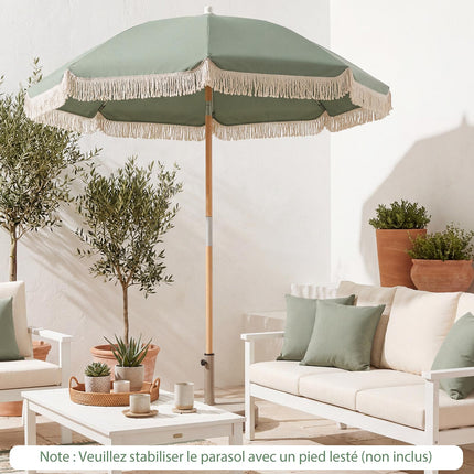 Garden Parasol 270cm, Wooden Pole, Tilt, Fringe, Green