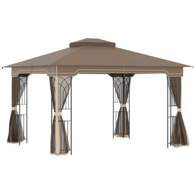 Tuinpaviljoen 3,65X3M Partytent Met Dubbel Dak En Klamboe, Metaal, Bruin+Beige