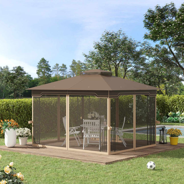 Tuinpaviljoen 3,65X3M Partytent Met Dubbel Dak En Klamboe, Metaal, Bruin+Beige