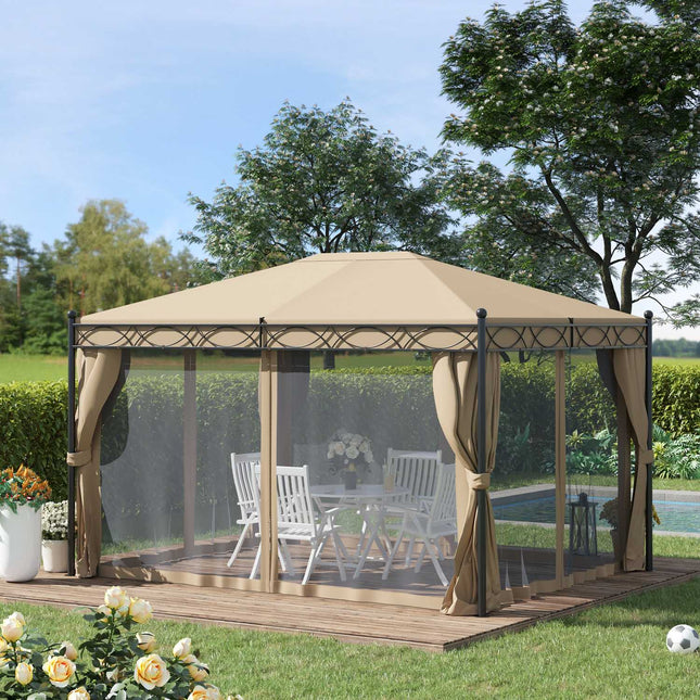 Garden pavilion tent with side walls & mosquito net, beige
