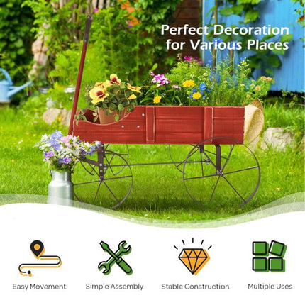 Garden Planter Wagon, Fir Wood, 2 Sections, Wheels, Red