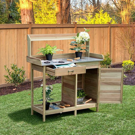 Garden Potting Bench, Galvanized Top, Cabinet Drawer