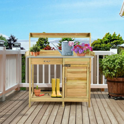 Garden Potting Bench, Galvanized Top, Cabinet Drawer
