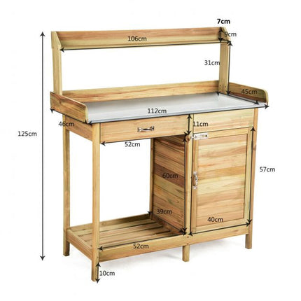 Garden Potting Bench, Galvanized Top, Cabinet Drawer