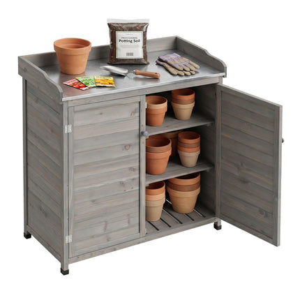 Garden Potting Bench with Cabinet, Grey, Galvanised Top