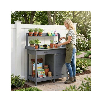 Garden Potting Bench with Stainless Steel Top, Lockable Cabinet, Grey