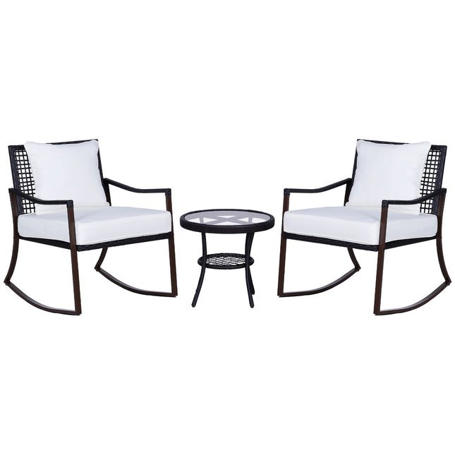 Rattan rocking chair set for 2 with cushions, brown/white