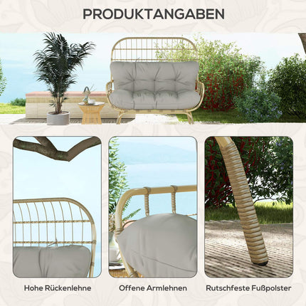 2-seater rattan garden sofa, padded cushions, light grey