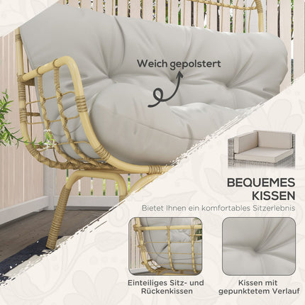 2-seater rattan garden sofa, padded cushions, light grey