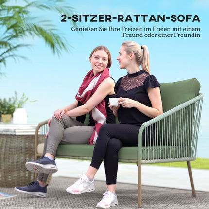 Outdoor 2-seater green rattan sofa with cushions