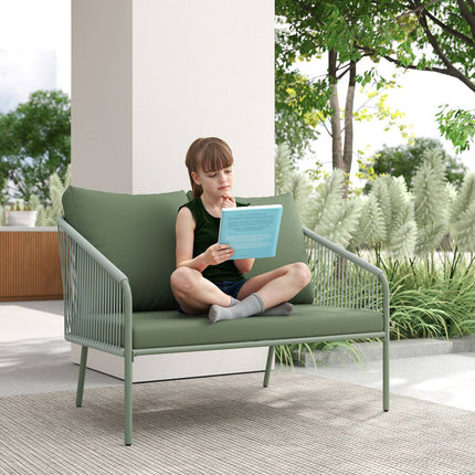 Outdoor 2-seater green rattan sofa with cushions