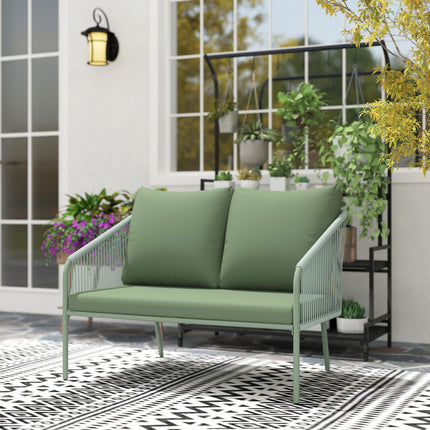 Outdoor 2-seater green rattan sofa with cushions