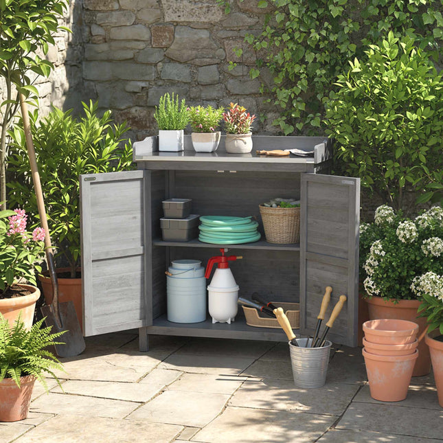 Garden Storage Cabinet with Metal Worktop, Grey Wood