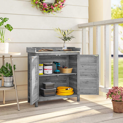 Garden Storage Cabinet with Metal Worktop, Grey Wood
