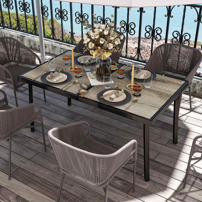 Outdoor dining table for 6, wood look, steel frame, grey