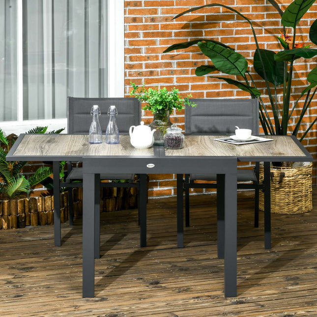 Extendable patio dining table in aluminum - wood look, beige/grey