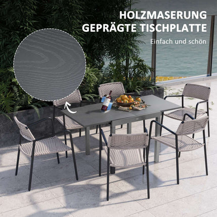 Extendable patio table, wooden look, 6 chairs, steel