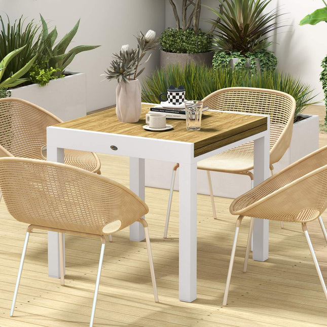 Extendable patio dining table, wood look, fits 6, white