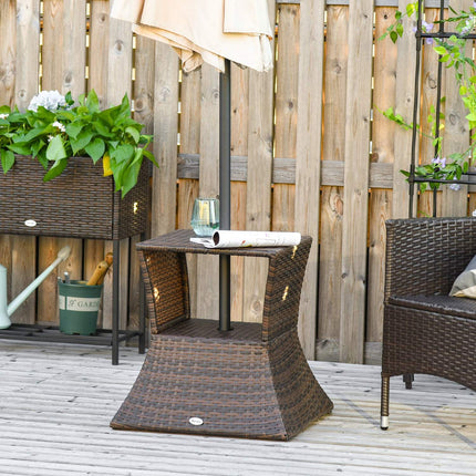 Garden table with parasol stand - Polyrattan, Brown, 54x54x55 cm