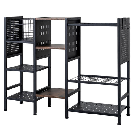 Garden Tool Organizer with Wooden Shelves, Black & Brown