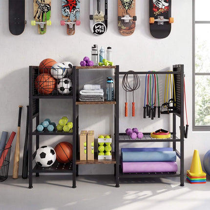 Garden Tool Organizer with Wooden Shelves, Black & Brown