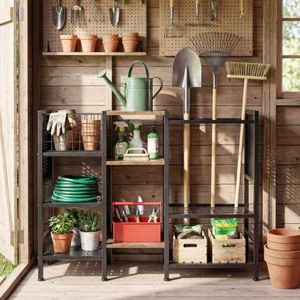 Garden Tool Organizer with Wooden Shelves, Black & Brown