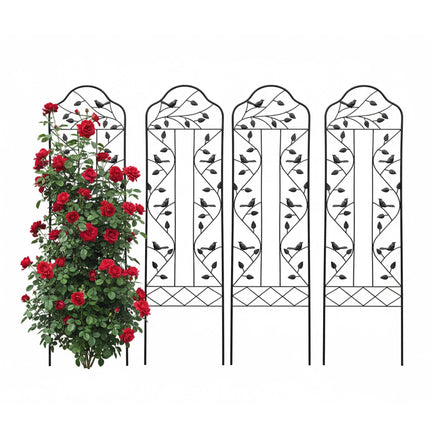 Garden Trellis, Black Steel With Leaf And Bird Motif