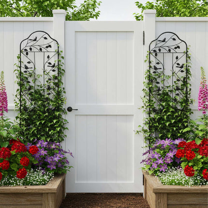 Garden Trellis, Black Steel With Leaf And Bird Motif