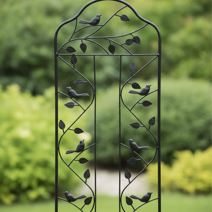 Garden Trellis, Black Steel With Leaf And Bird Motif