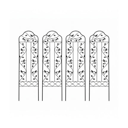 Garden Trellis, Black Steel With Leaf And Bird Motif