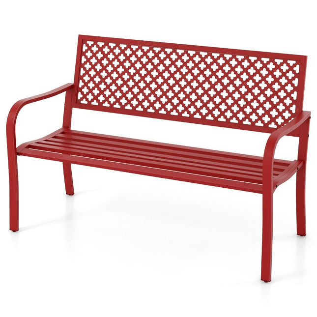 Garden bench metal weatherproof bench for 2-3 seater park bench with backrest and armrest 127 x 62 x 86 cm red