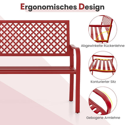 Garden bench metal weatherproof bench for 2-3 seater park bench with backrest and armrest 127 x 62 x 86 cm red