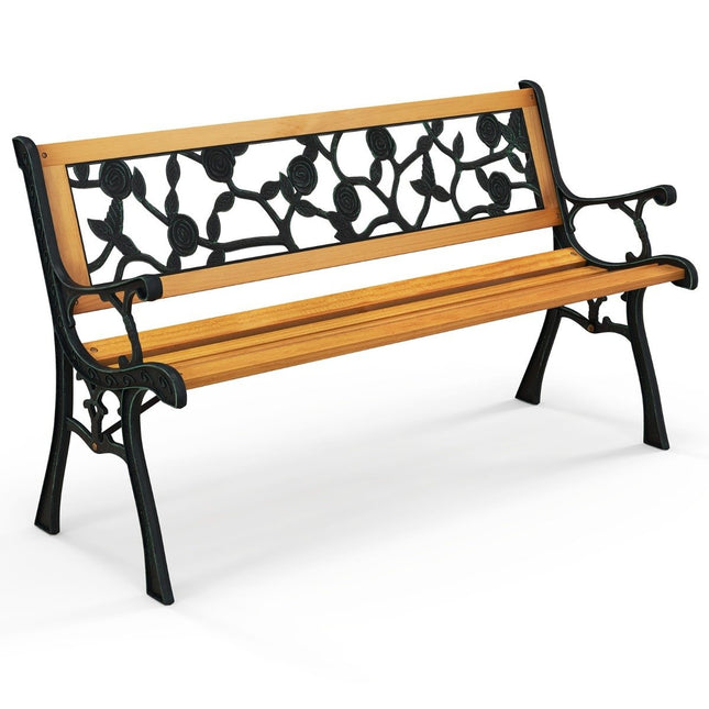 Garden bench with cast metal frame and wooden seat. Ergonomic bench for 3 people, 127.5 cm long