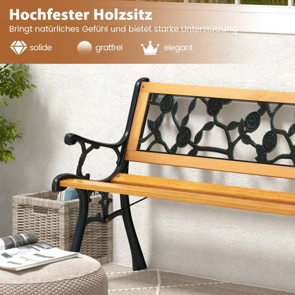Garden bench with cast metal frame and wooden seat. Ergonomic bench for 3 people, 127.5 cm long