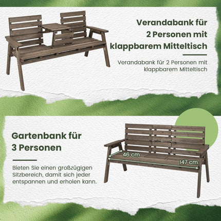 Garden bench with folding center table & backrest wooden bench load capacity 320 kg brown