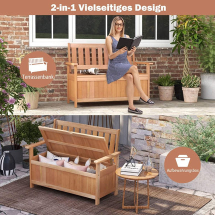 Garden bench with storage space, 2-seater bench, solid wood, can hold up to 180 kg, 120 x 66 x 91 cm, natural