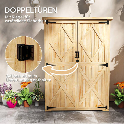 Wooden garden tool cabinet with lockable double doors