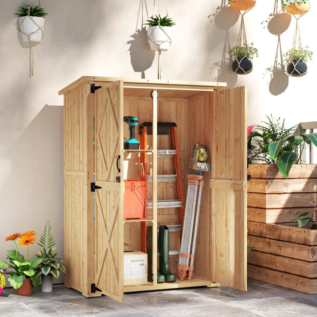 Wooden garden tool cabinet with lockable double doors