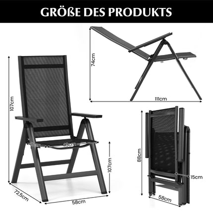 Garden chair aluminum weatherproof folding chair with 7-way adjustable backrest black (1 piece)