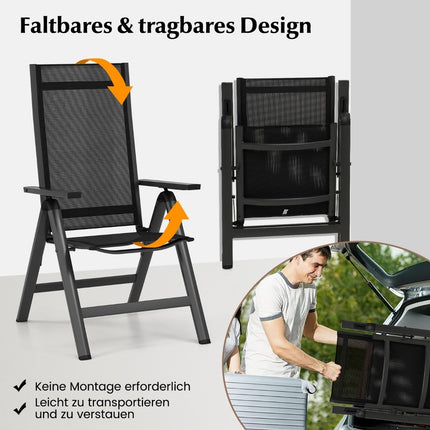 Garden chair aluminum weatherproof folding chair with 7-way adjustable backrest black (1 piece)