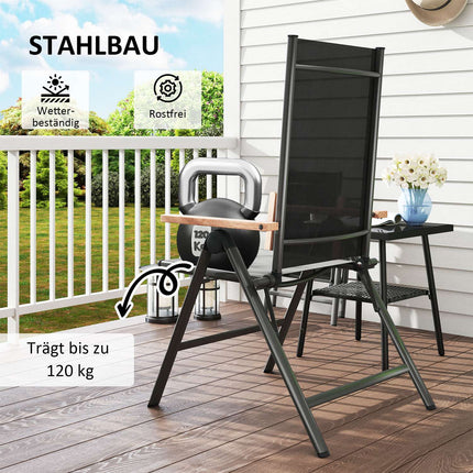 Folding steel garden chair with armrests, black, 120 kg capacity