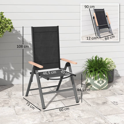Folding steel garden chair with armrests, black, 120 kg capacity